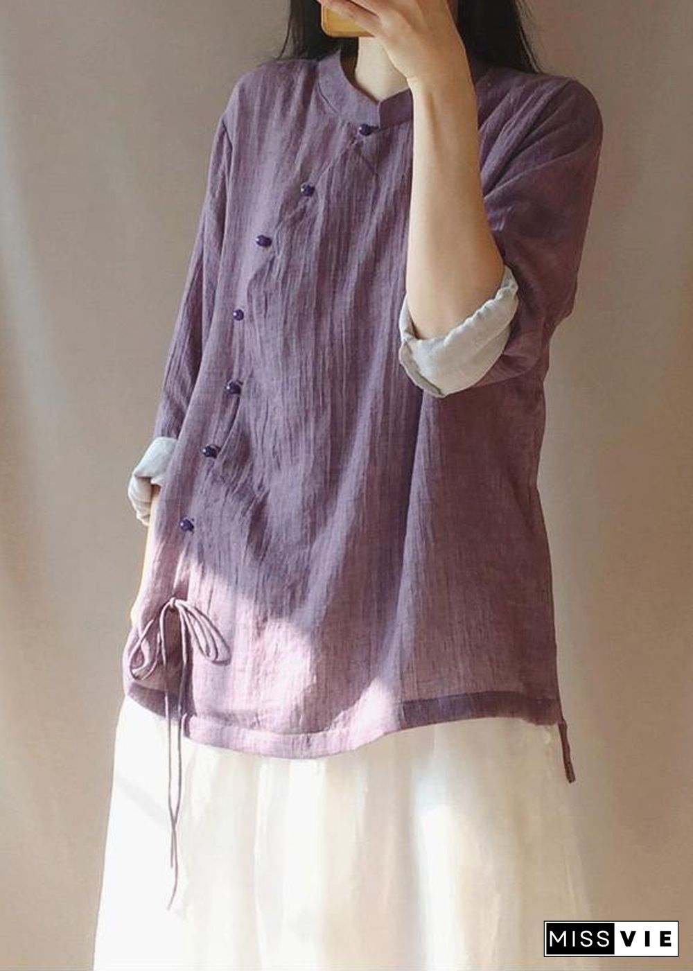 French Purple Tops Women Blouses Stand Collar Button Down Clothing Blouse