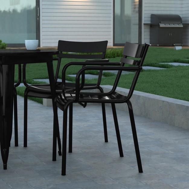 Emma And Oliver Powder Coated Steel Stacking Dining Chair With Arms And 2 Slat Back For Indoor outdoor Use