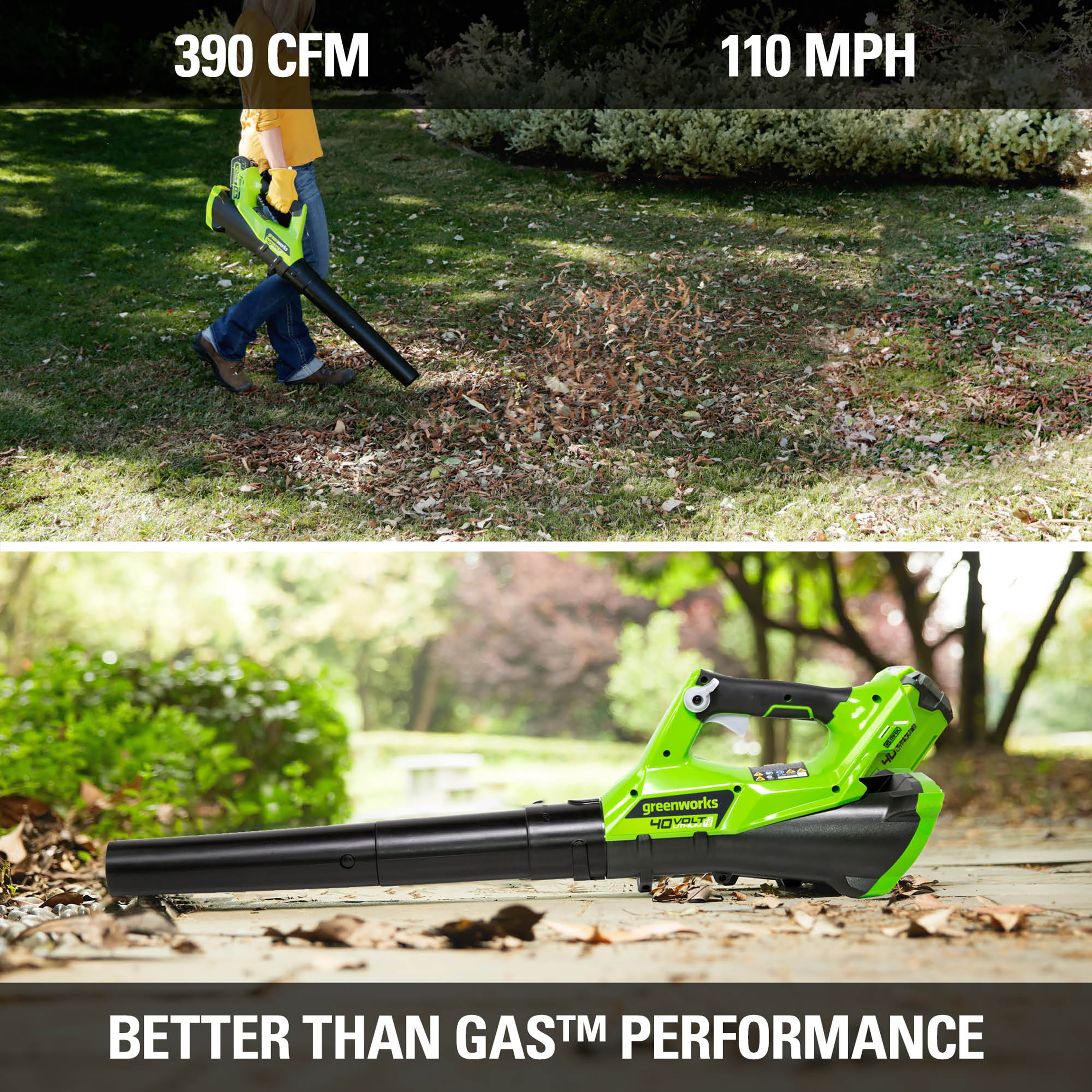 Greenworks 40V 390 CFM Cordless Leaf Blower with 2.5 Ah Battery and Charger， 2400802