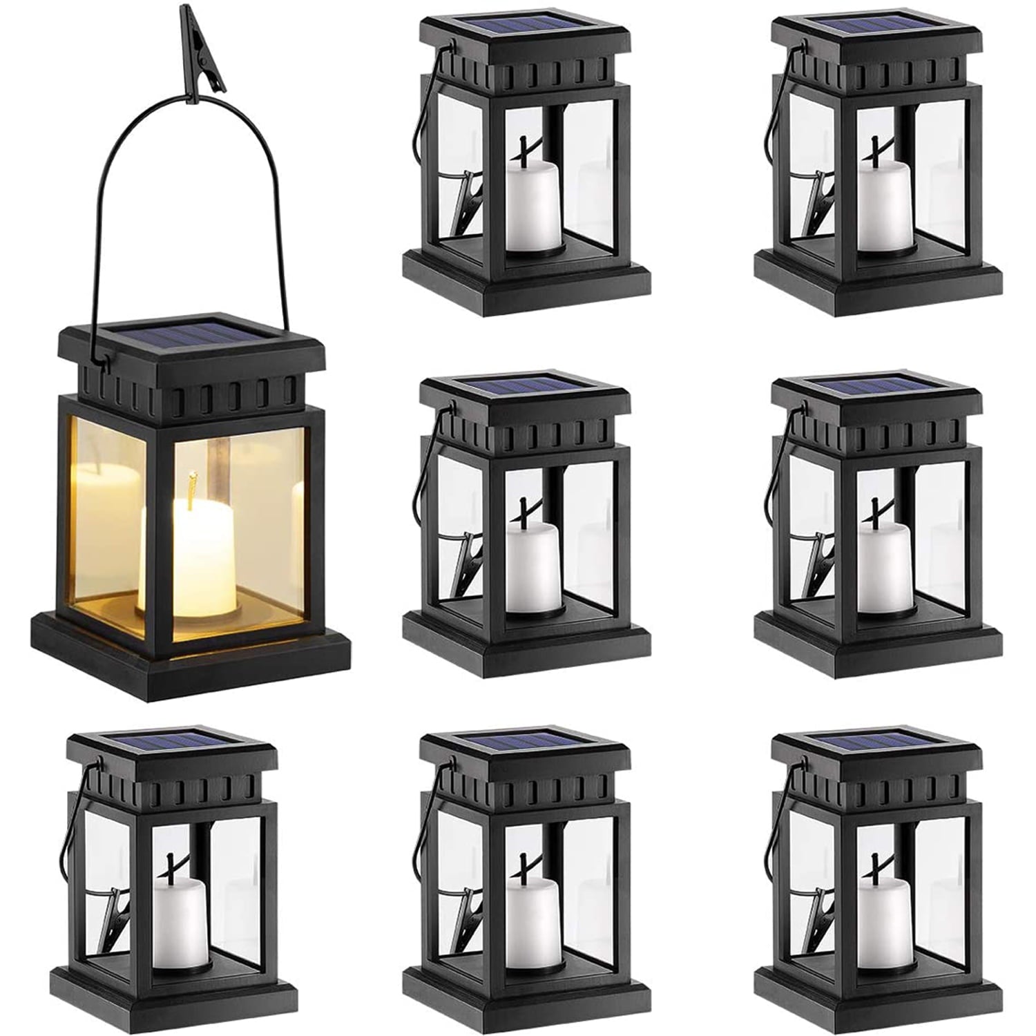 GIGALUMI 8 Pack Solar Hanging Lantern， Outdoor Garden Plastic LED Light with Stake Warm White