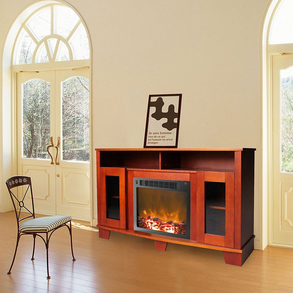 Rustic TV Stand  Cabinet Doors With Central Fireplace and Open Shelves   Transitional   Entertainment Centers And Tv Stands   by Declusia  Houzz