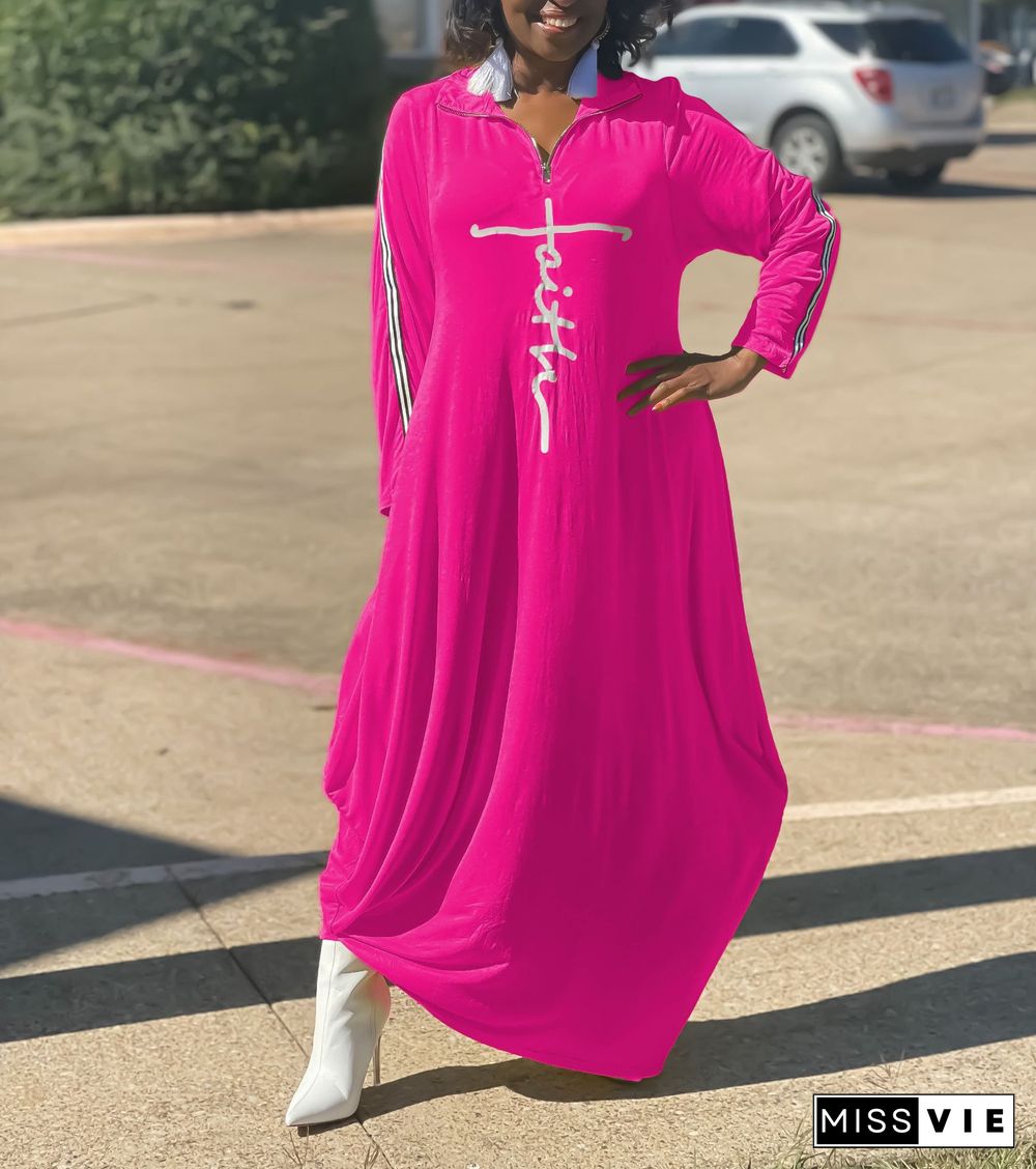 Long Sleeve Zipper Turn Down Collar Loose Maxi Dresses