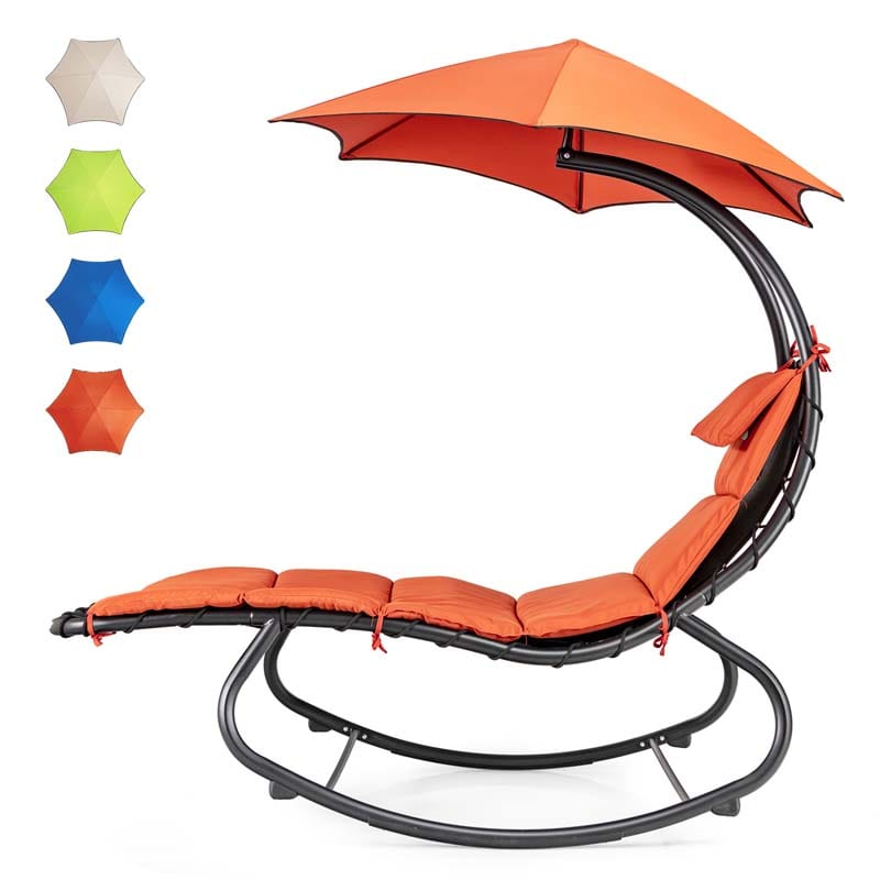 Full-Padded Hammock Chair Swing Patio Sun Lounger with Shade Canopy, Outdoor Chaise Lounge Hanging Chair for Pool Beach Deck