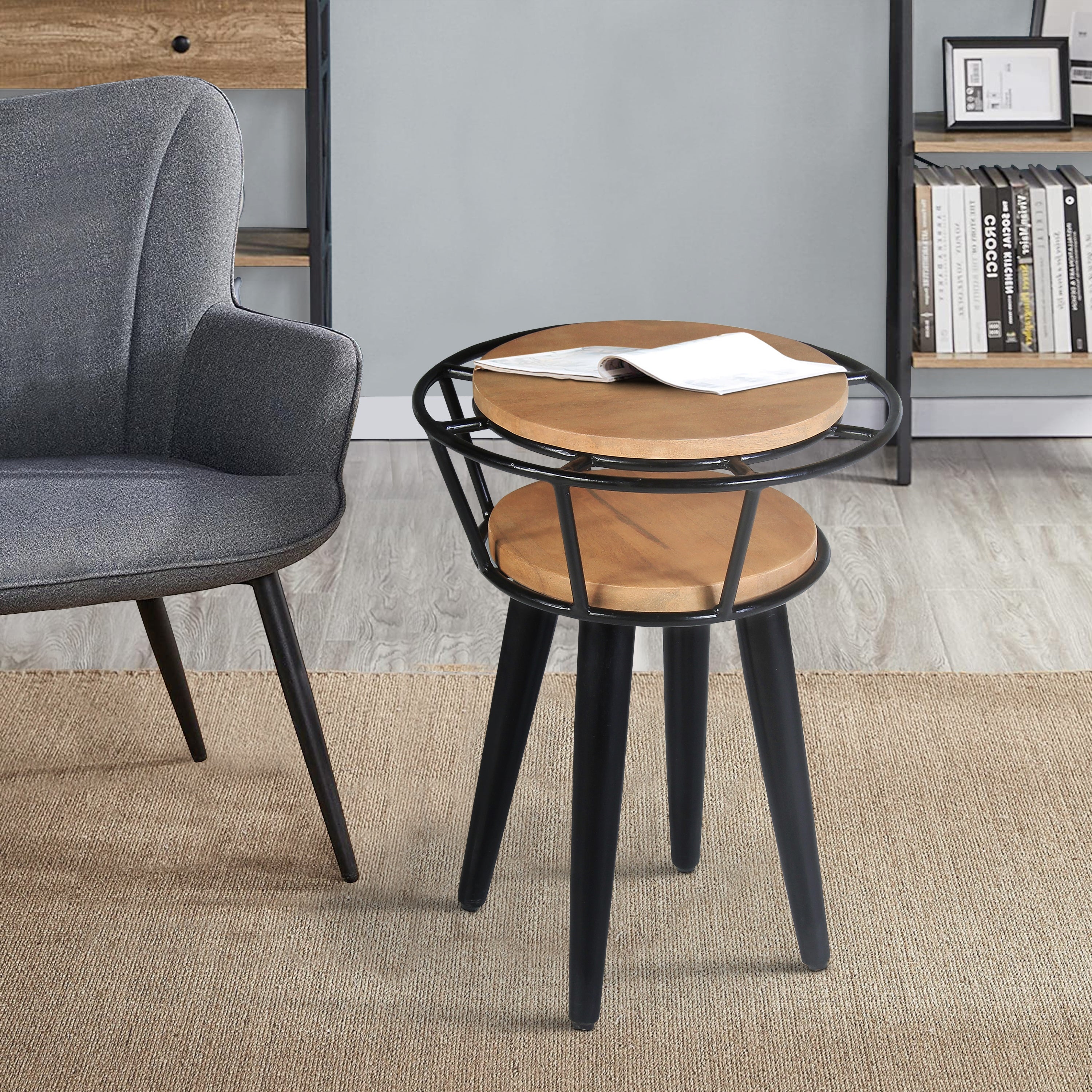 Industrial End Table with 2 Tier Round Wooden Shelving and Metal Frame， White Oak and Black