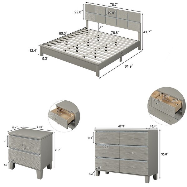 3 Pieces Bedroom Sets - King Bed， Nightstand and Dresser - - 37523652