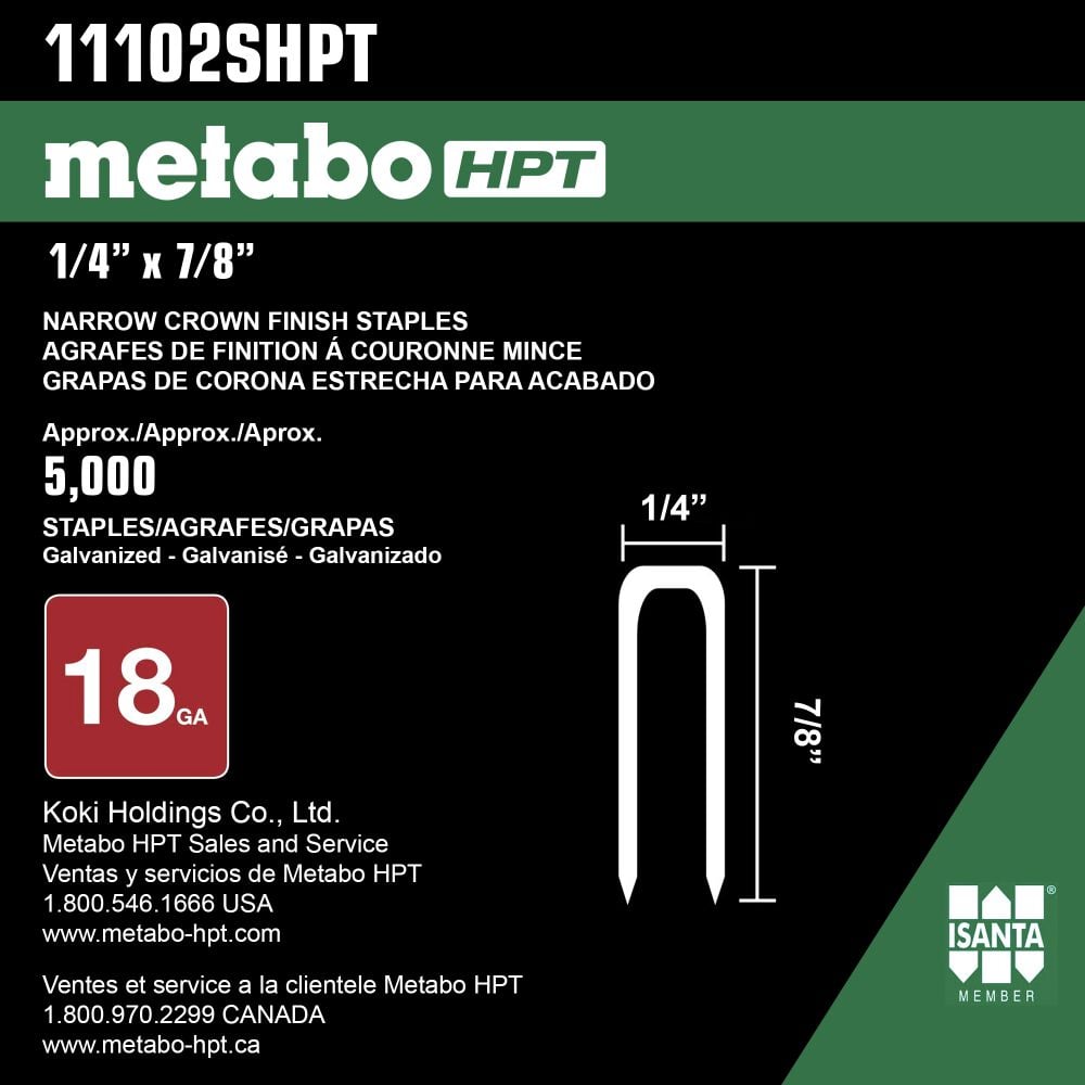 Metabo HPT 18 Gauge Electro Galvanized Steel Narrow Crown Finish Staples 5000qty 11102SHPT from Metabo HPT