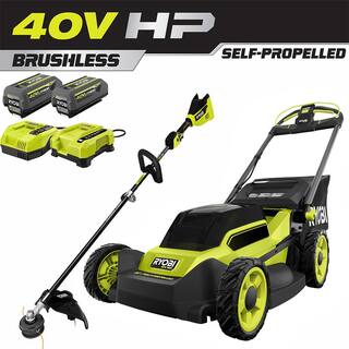 RYOBI 40V HP Brushless 20 in. Cordless Electric Battery Self-Propelled Lawn MowerString Trimmer w(2) Batteries and Chargers RY401180-4X