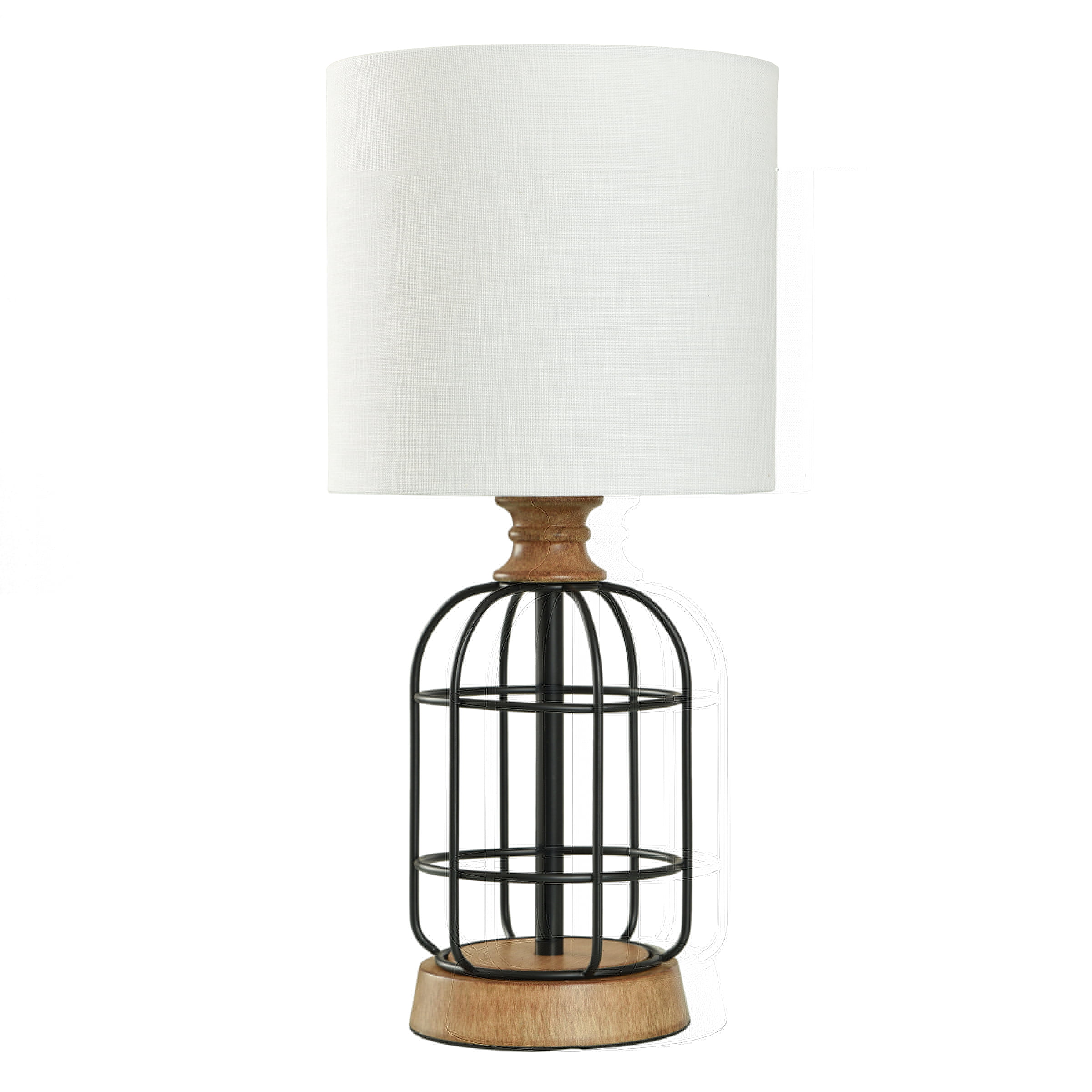 Mainstays Black Metal Cage Table Lamp with Wood Accents and Drum Shade， bulb included， 17