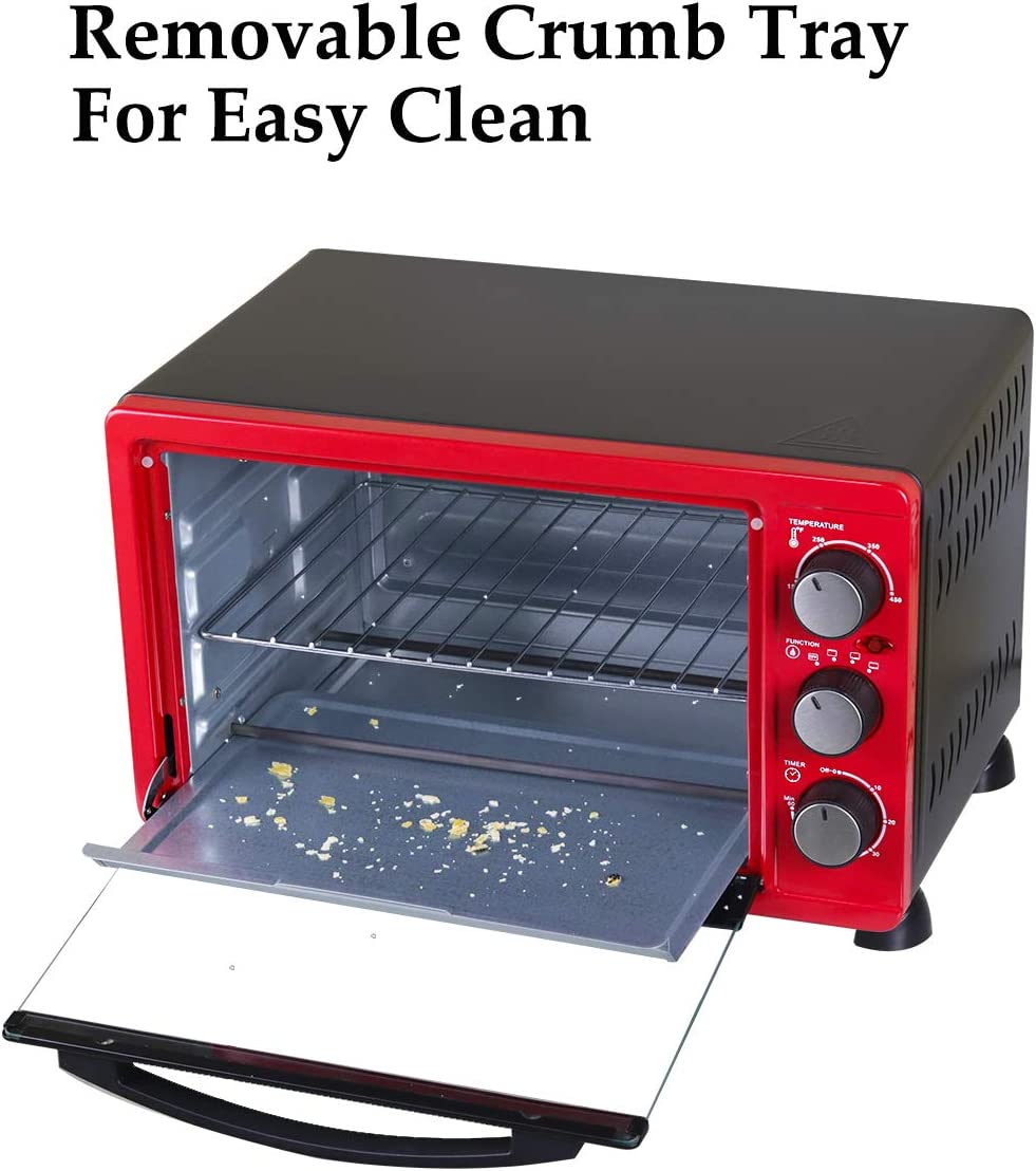 LUBY Convection Toaster Oven with Timer， Toast， Broil Settings， Includes Baking Pan， Rack and Crumb Tray， 6-Slice， Red