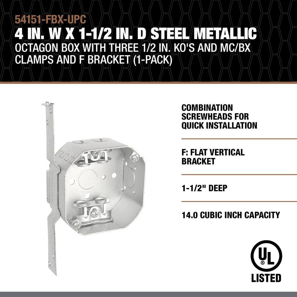 Southwire 4 in. W x 1-12 in. D Steel Metallic Octagon Box with Three 12 in. KO's and MCBX Clamps and F Bracket (1-Pack) 54151-FBX-UPC