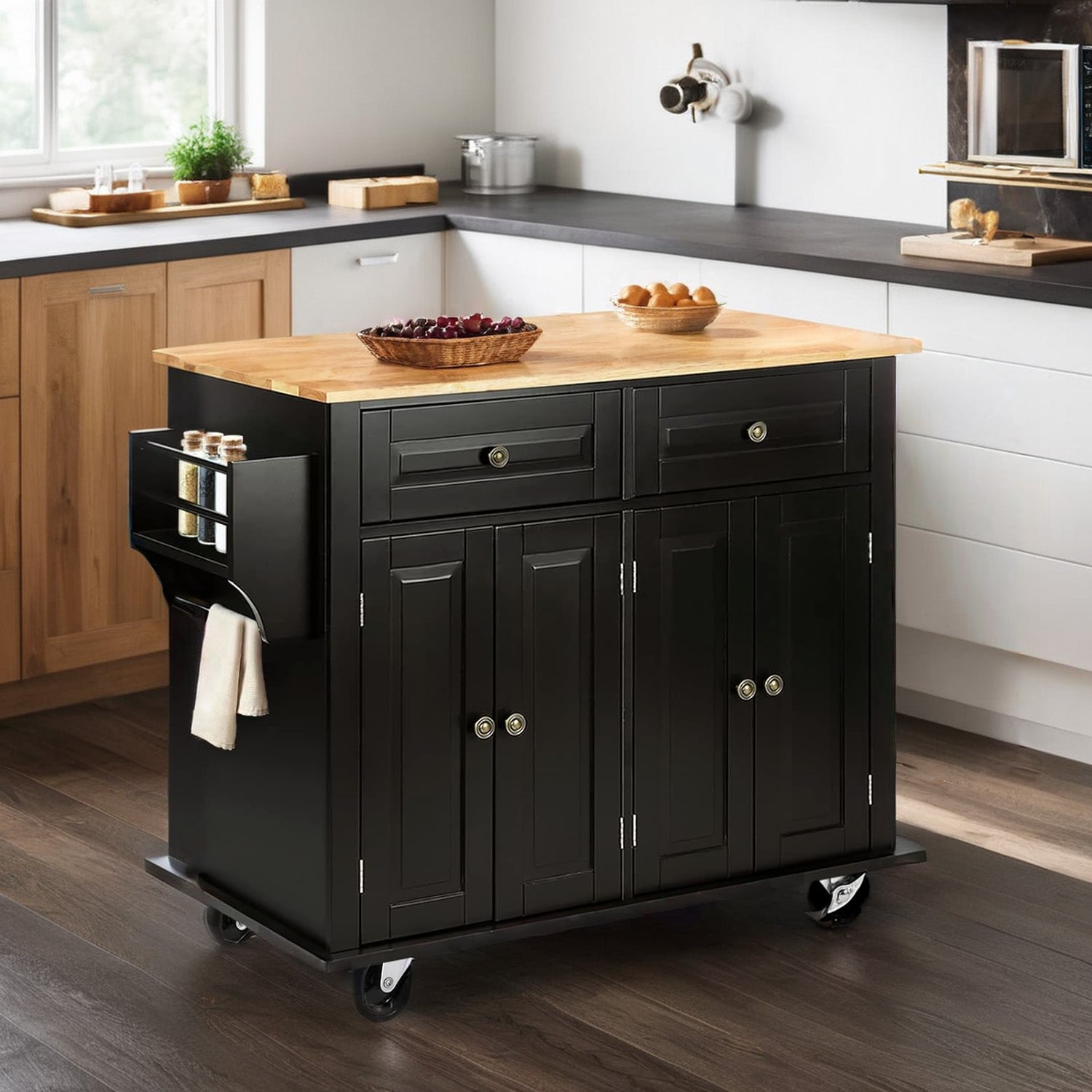 Wide Rolling Kitchen Island 43.3 Inches with Storage, Solid Wood Top and Locking Wheels