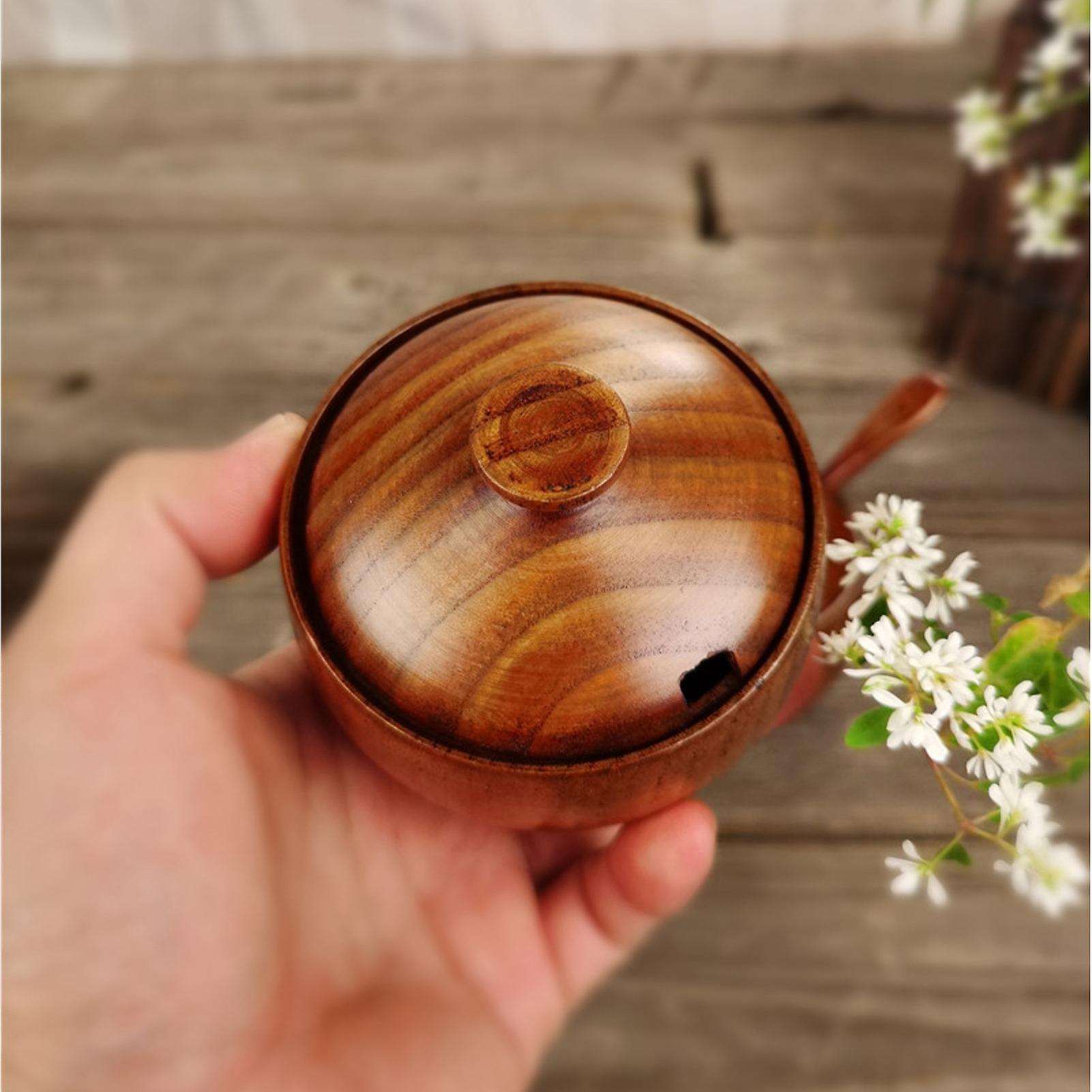 2 Set Condiment Jar With Lids And Spoons， Wooden Salt Sugar Storage Container Spice Pots Kitchen Cooking Supplies For Home Coffee Bar Restaurant_x000d