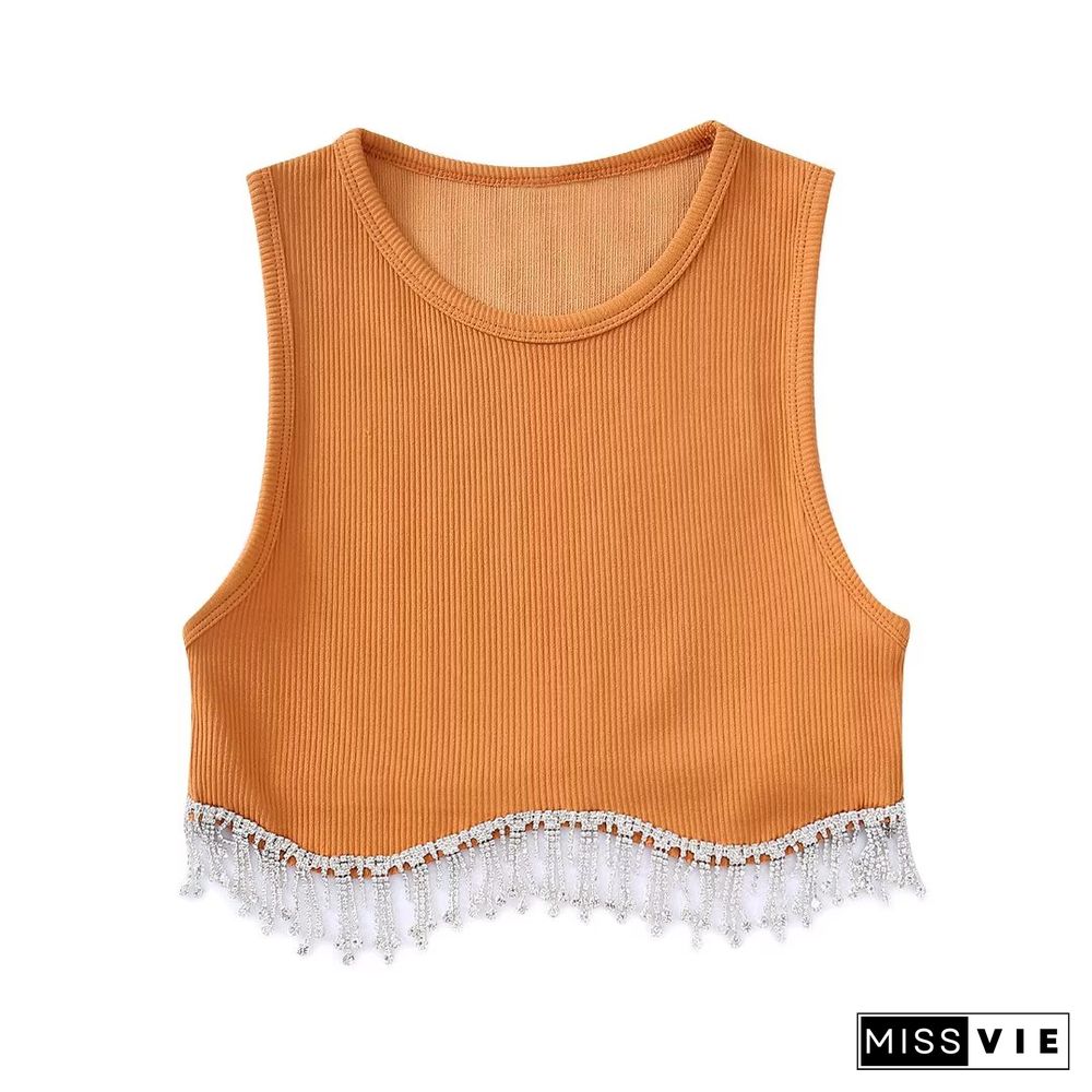 Women High Street Sexy Hem Tassel Diamond Beading Knitting T-Shirt Chic Short Camis Tank Lady Slim Crop Vest Tops Ls1311