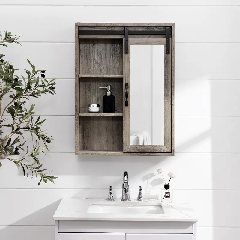 Sliding Mirrored Barn Door Gray Wall Cabinet