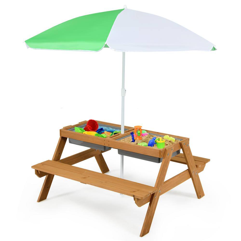 Costway 3-in-1 Kids Wood Rectangle Outdoor Picnic Table Water Sand Table with Umbrella Play Boxes HY10008