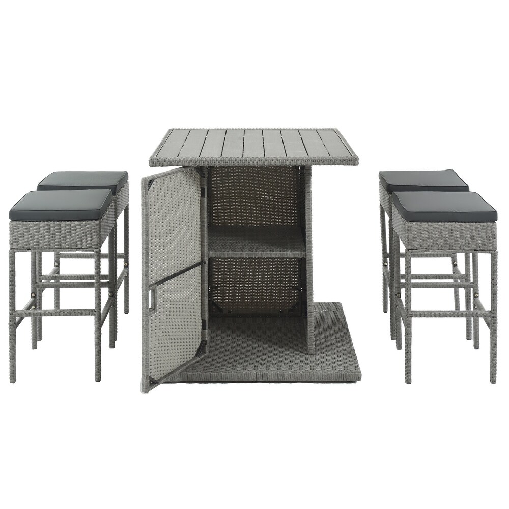 Outdoor 5 Piece Rattan Dining Table Set with 4 Padded Stools for Poolside