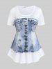 Short Sleeve 3D Denim Print Tee and High Waist 3D Denim Print Jeggings Plus Size Outfit