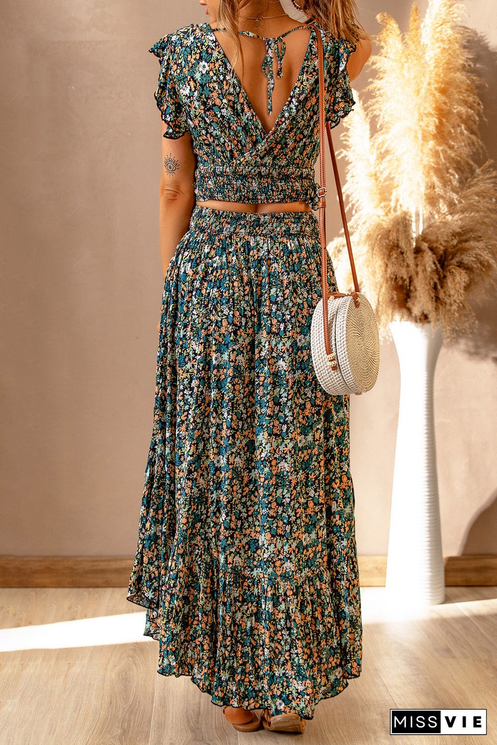 Multicolor Floral Ruffled Crop Top and Maxi Skirt Set