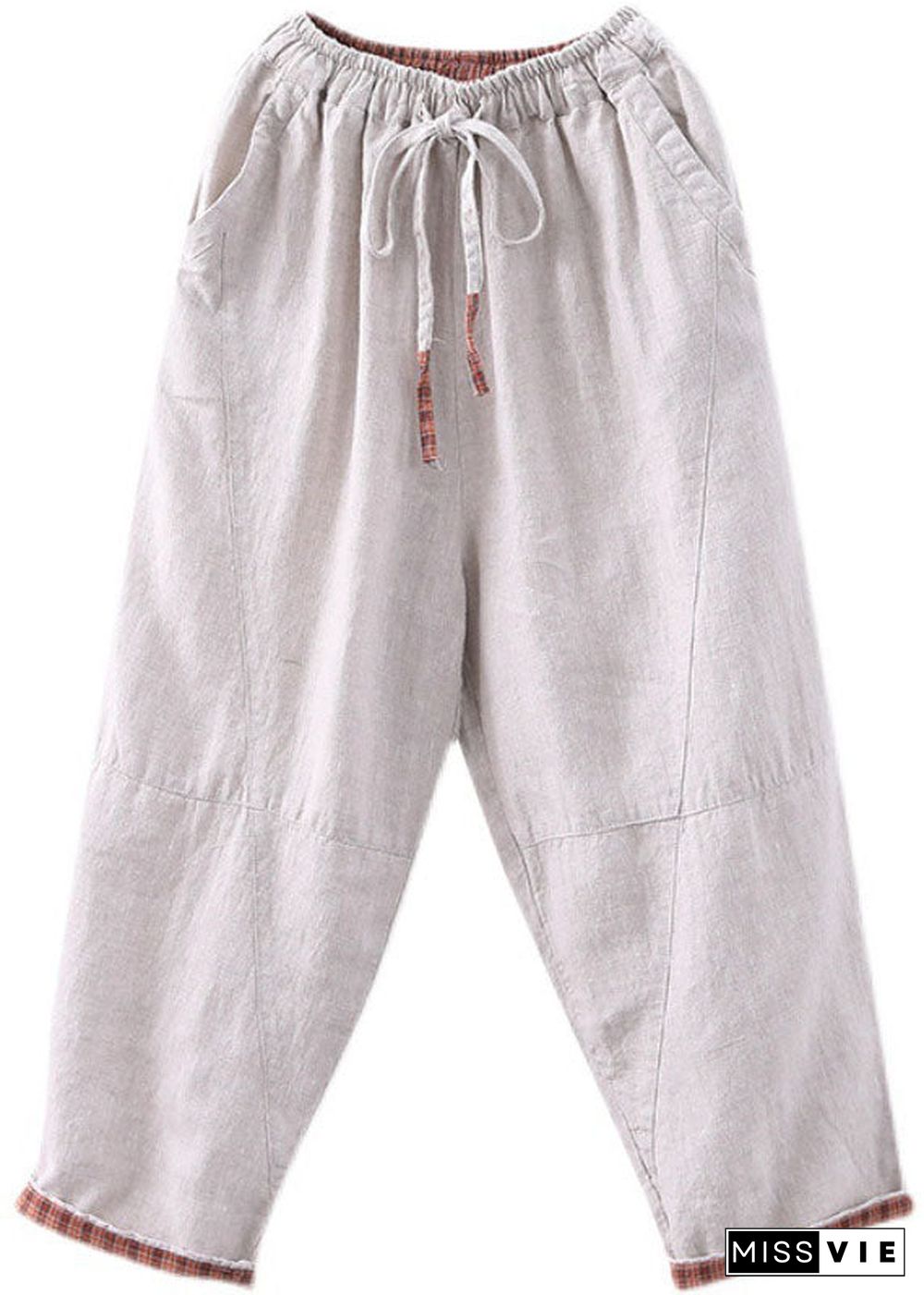 White Patchwork Linen Harem Pants Elastic Waist Drawstring Fall