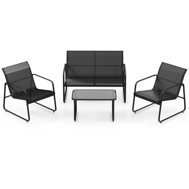 Costway 4 Pieces Patio Furniture Set Outdoor Tempered Glass Coffee Table Chair Loveseat