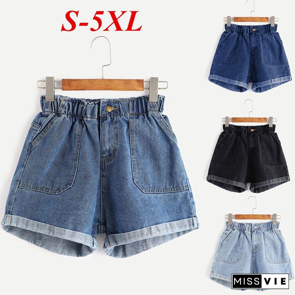 4 Colors Women Fashion Beach Wear Denim Shorts Casual High Waist Loose Pants Solid Color Summer Jeans Pants Plus Size 5XL