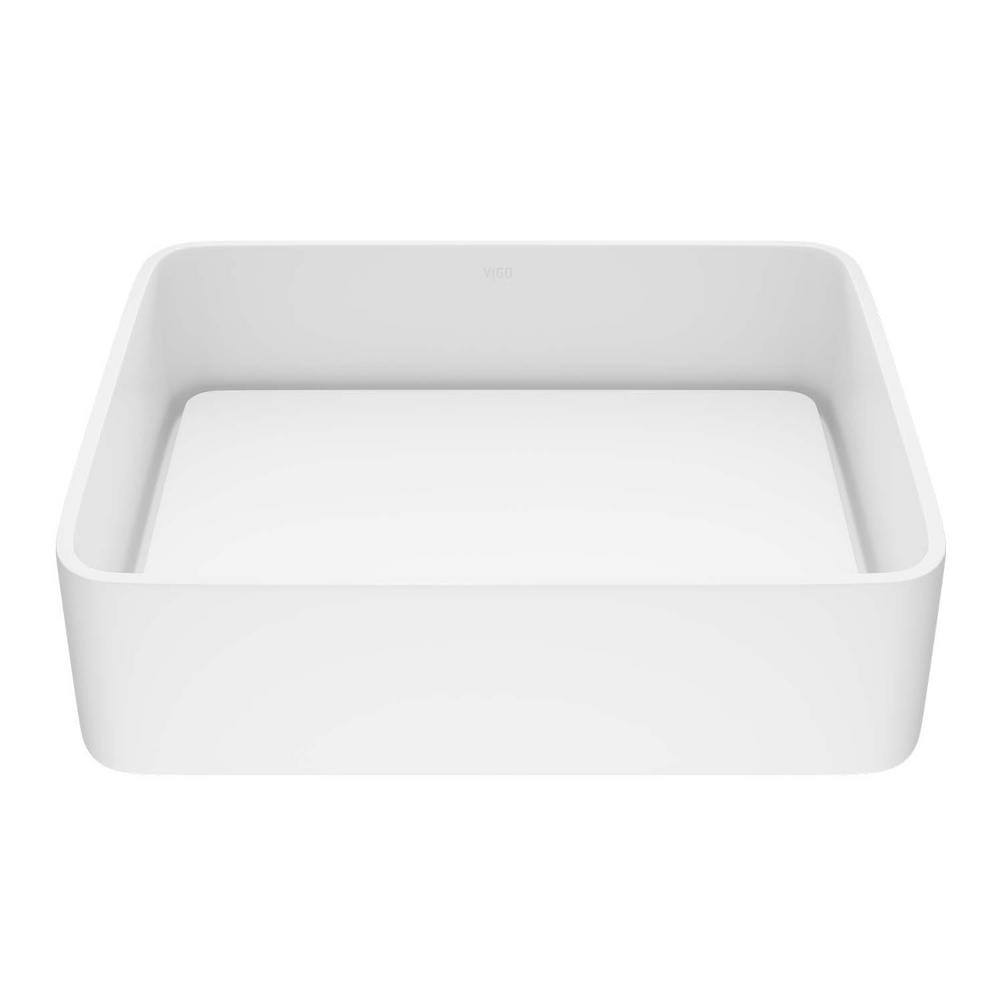 VIGO Jasmine Modern White Matte Stone 18 in. L x 15 in. W x 5 in. H Rectangular Vessel Bathroom Sink VG04013