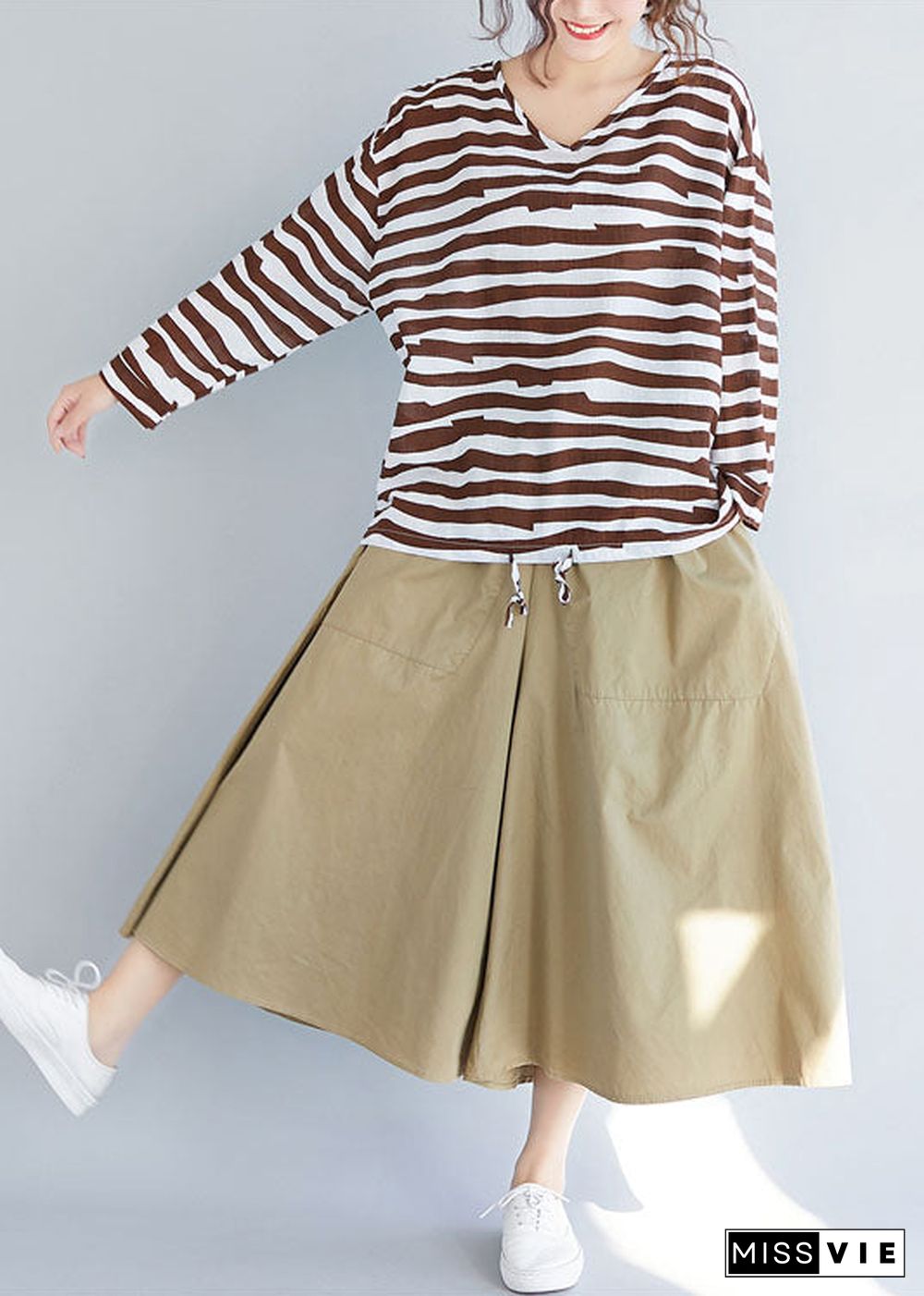 Chocolate Striped Cotton T Shirt Top V Neck Long Sleeve