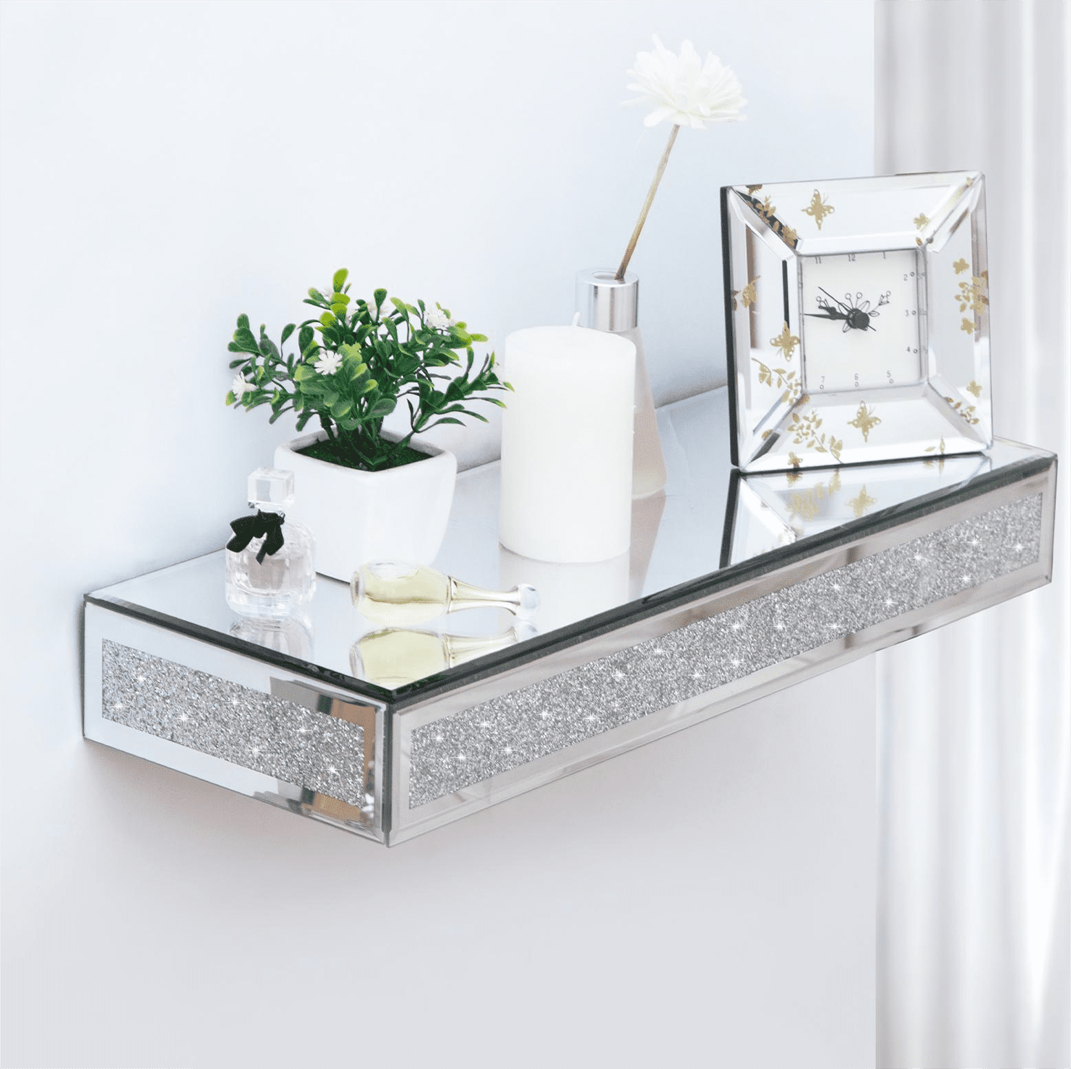 Mirrored Floating Wall Shelf Crystal Wall-Mounted Storage Organizer