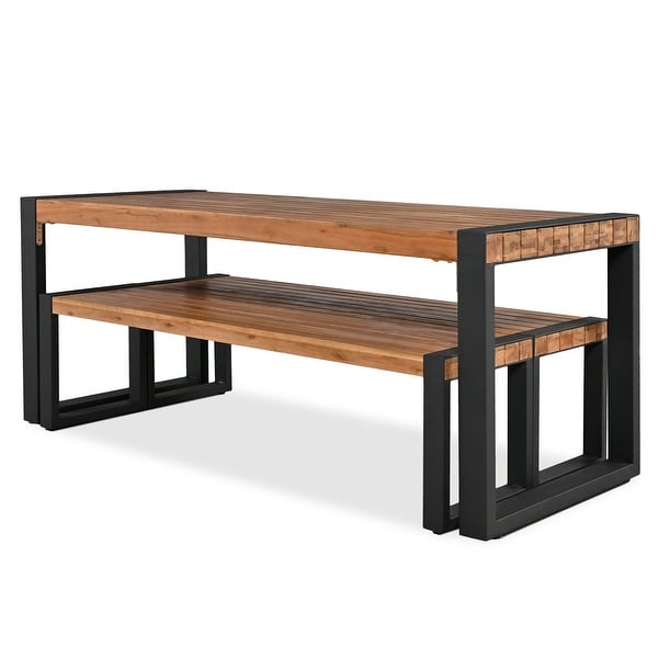 3Piece Acacia Outdoor Picnic Table Set With 2 Benches，With Acacia Wood Top and Steel Frame