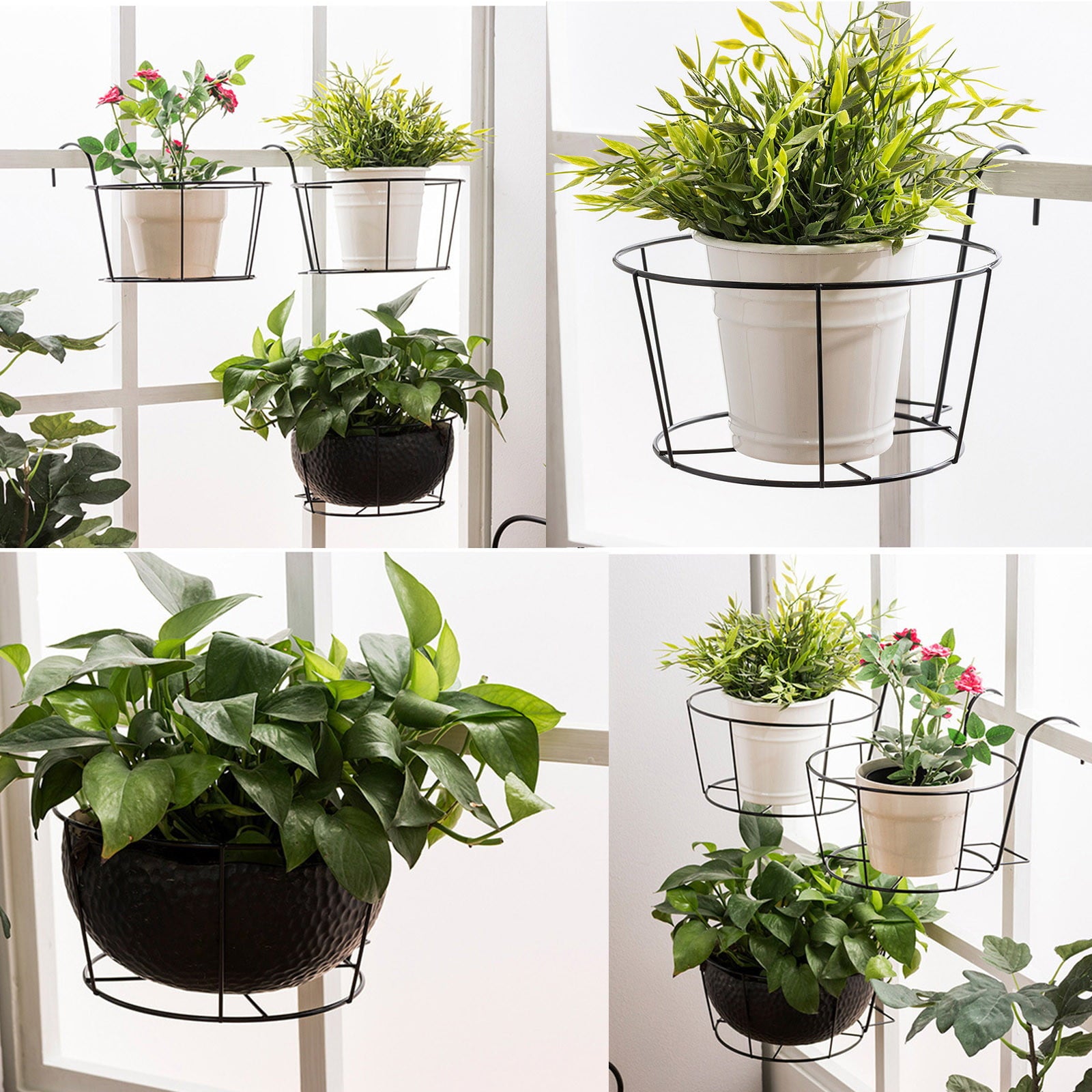 Fridja Hanging Railing Planters Flower Pot Holders Plant Iron Racks Fence Metal Potted Stand Mounted Balcony Round Plant Baskets Shelf Container Box