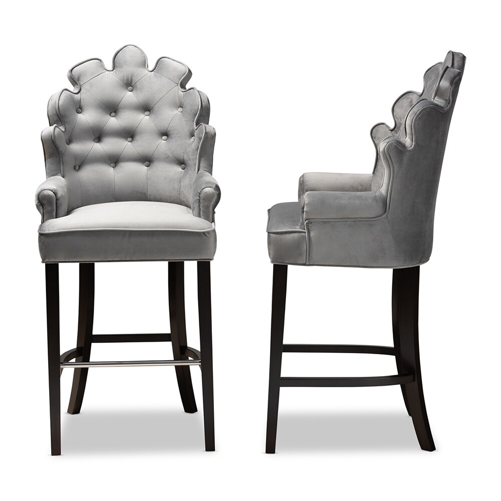 Chloe Modern and Contemporary Dark Grey Velvet Upholstered and Dark Brown Finished Wood 2 Piece Bar Stool Set