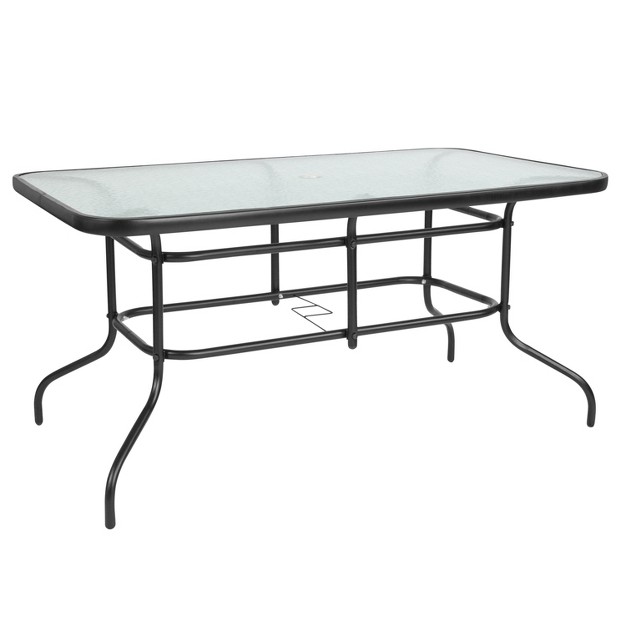 X 55 quot Rectangular Tempered Glass Metal Table With Umbrella Hole