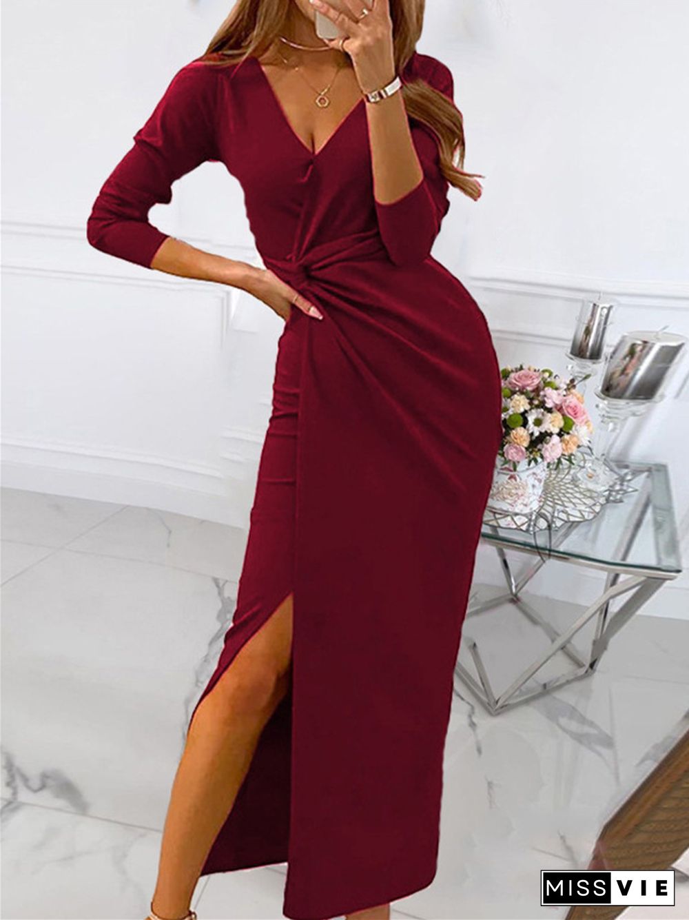 Solid Color Wrapped Chest Long Temperament Commuter V-neck Dress