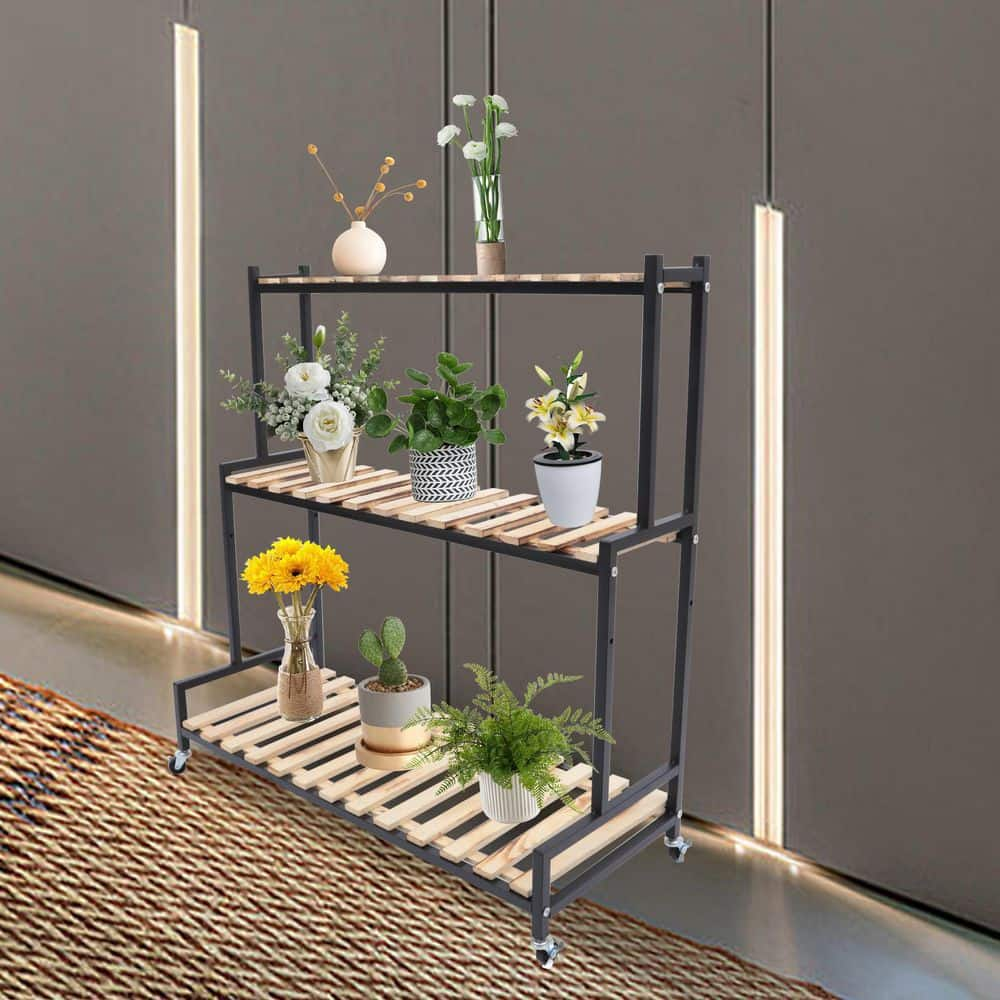 YIYIBYUS 40.9 in. Tall Indoor/Outdoor Black Metal Wood Plant Stand (3-Tiered) HG-LYF2496-600