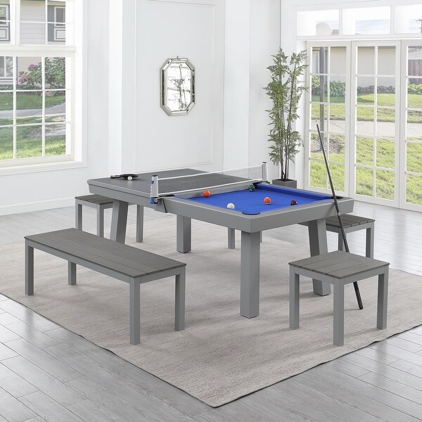 Newport Outdoor Patio 7ft Slate Pool Table 6Seater Dining Set with 4 Benches and Accessories，Cement Finish