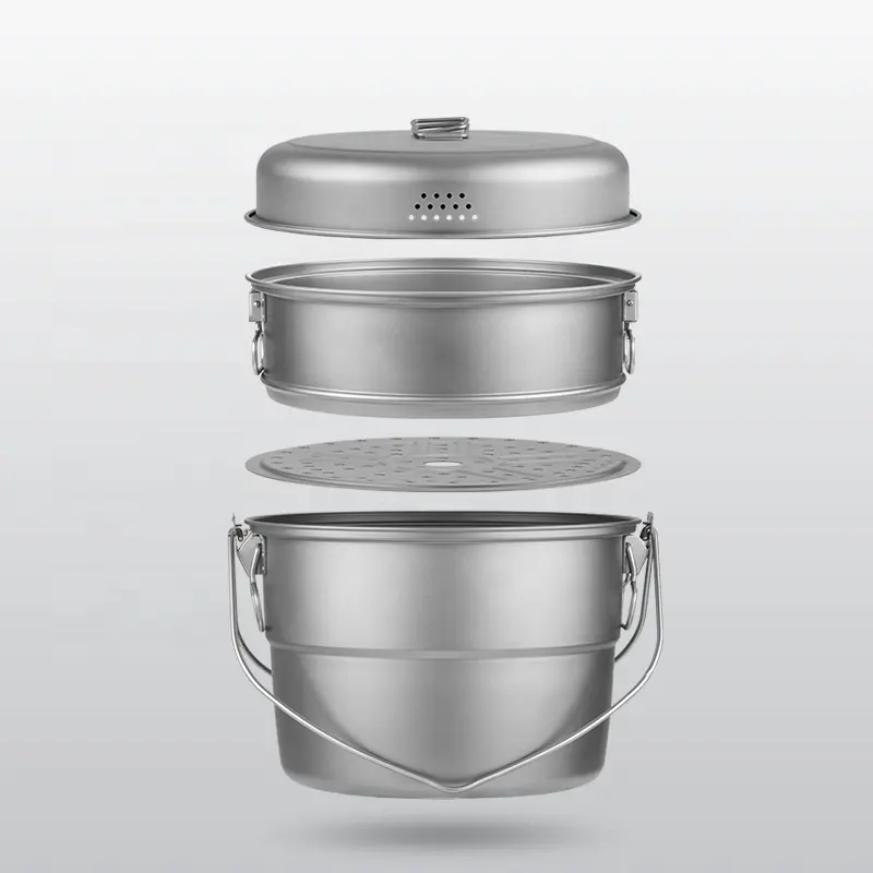 Camping Cookware Multifunctional Titanium Steamer Soup Pot Set with Lid Outdoor Camping Mess Kit