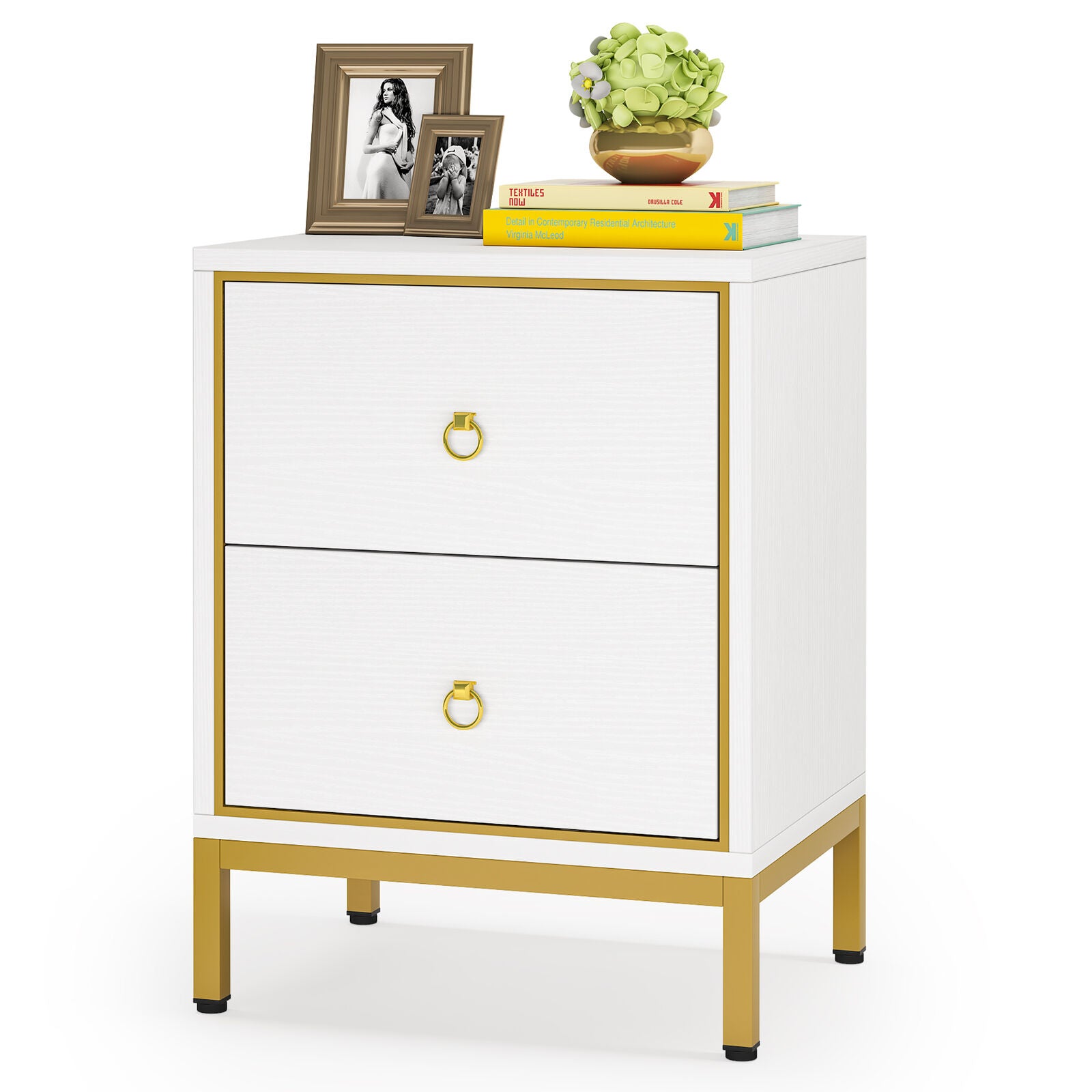 Tribesigns Nightstand with 2 Drawers, White + Gold Bedside End Table for Bedroom, Living Room