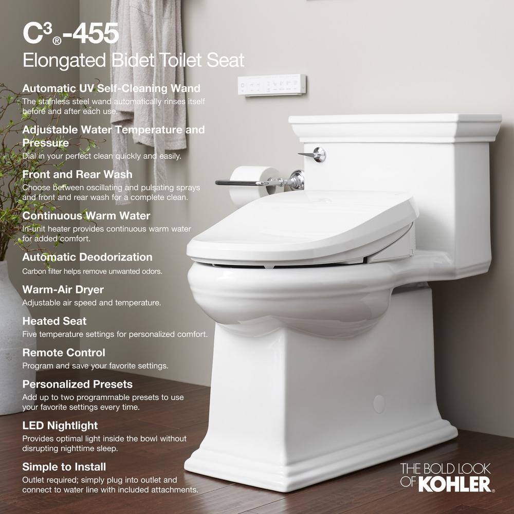 KOHLER 18.5625 in. Electric Cleansing Bidet Seat for Elongated Closed Front Toilet in White K-8298-CR-0