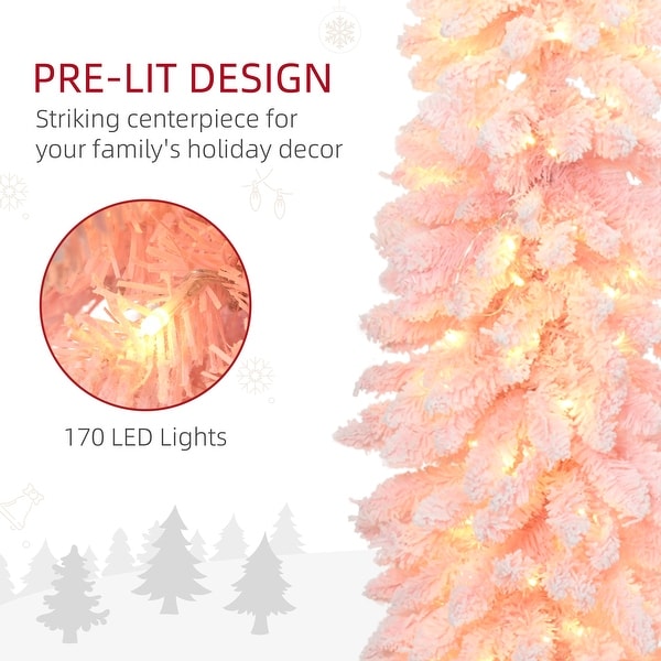 HOMCOM 6ft Tall Pencil Prelit Artificial Christmas Tree Holiday Décor with 703 Snow Flocked Branches，Pink