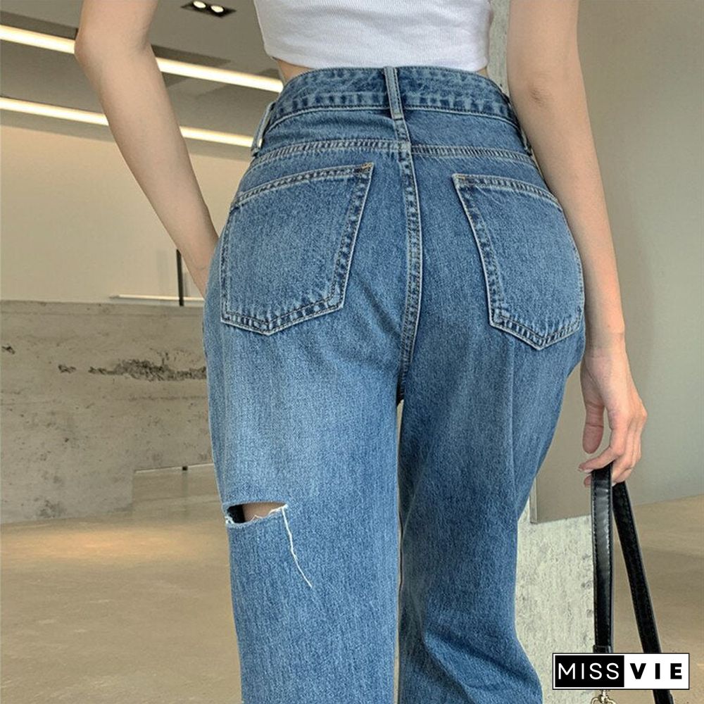 Woman Jeans Ripped High Waist Clothes Wide Leg Denim Clothing Streetwear Vintage Quality Fashion Harajuku Straight Pants