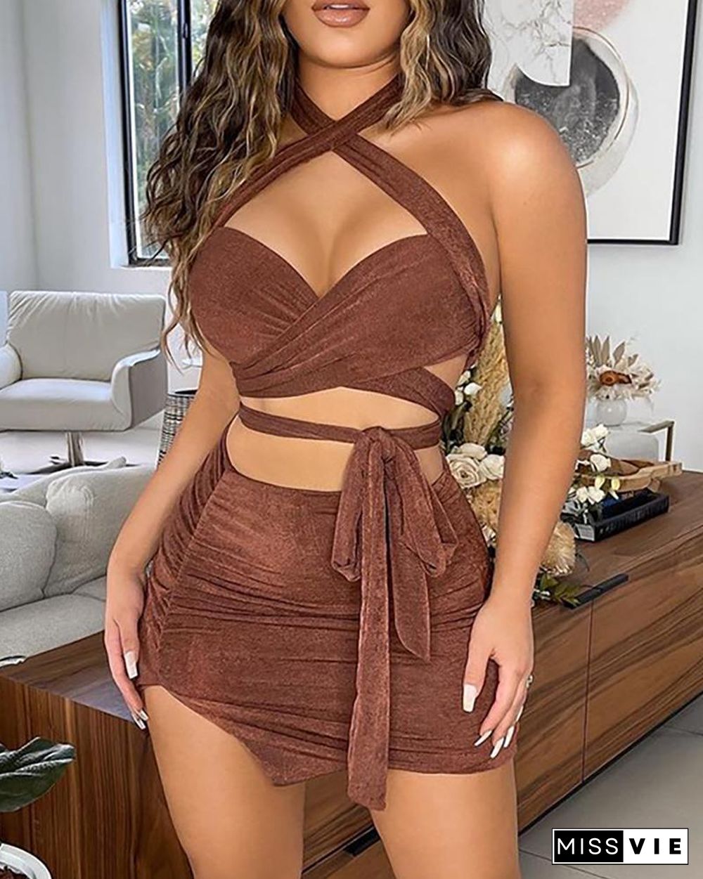 Crisscross Cutout Plain Crop Top & Skirt Set