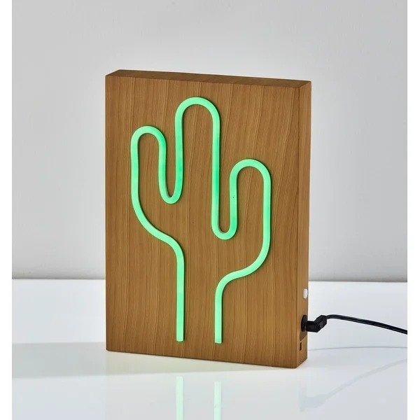 Wood Framed Neon LED Cactus Table or Wall Lamp