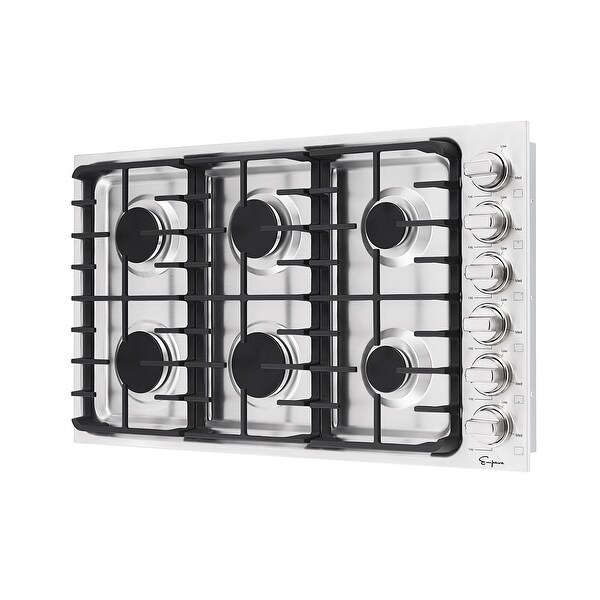 36-in Built-in Gas Cooktop with 6 Sealed Burners in Stainless Steel - LPG Convertible - 18，000-BTUs Power Burner