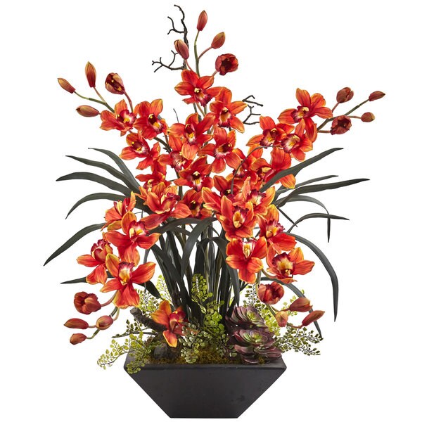 Nearly Natural Cymbidium Orchid with Black Vase Arrangement