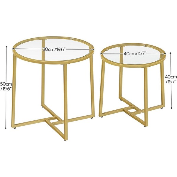 Coffee Table Set of 2，Gold End Table with Glass Top，Round Table