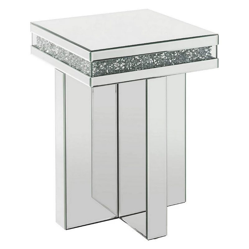 End Table with Encrusted Faux Acrylic Inlay and Cross Base， Silver