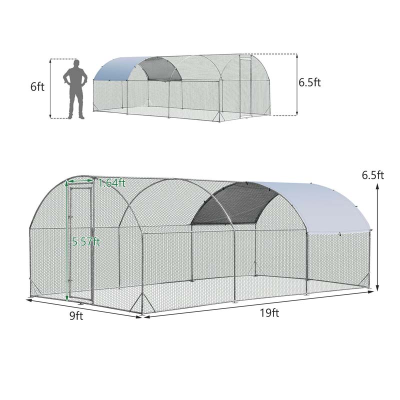 19 FT Large Metal Chicken Coop Walk-in Dome Poultry Cage Hen Run House Rabbits Habitat Cage with Cover