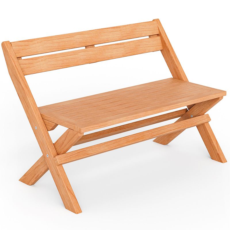 2-person Teak Wood Folding Outdoor Benches With Slatted Seat