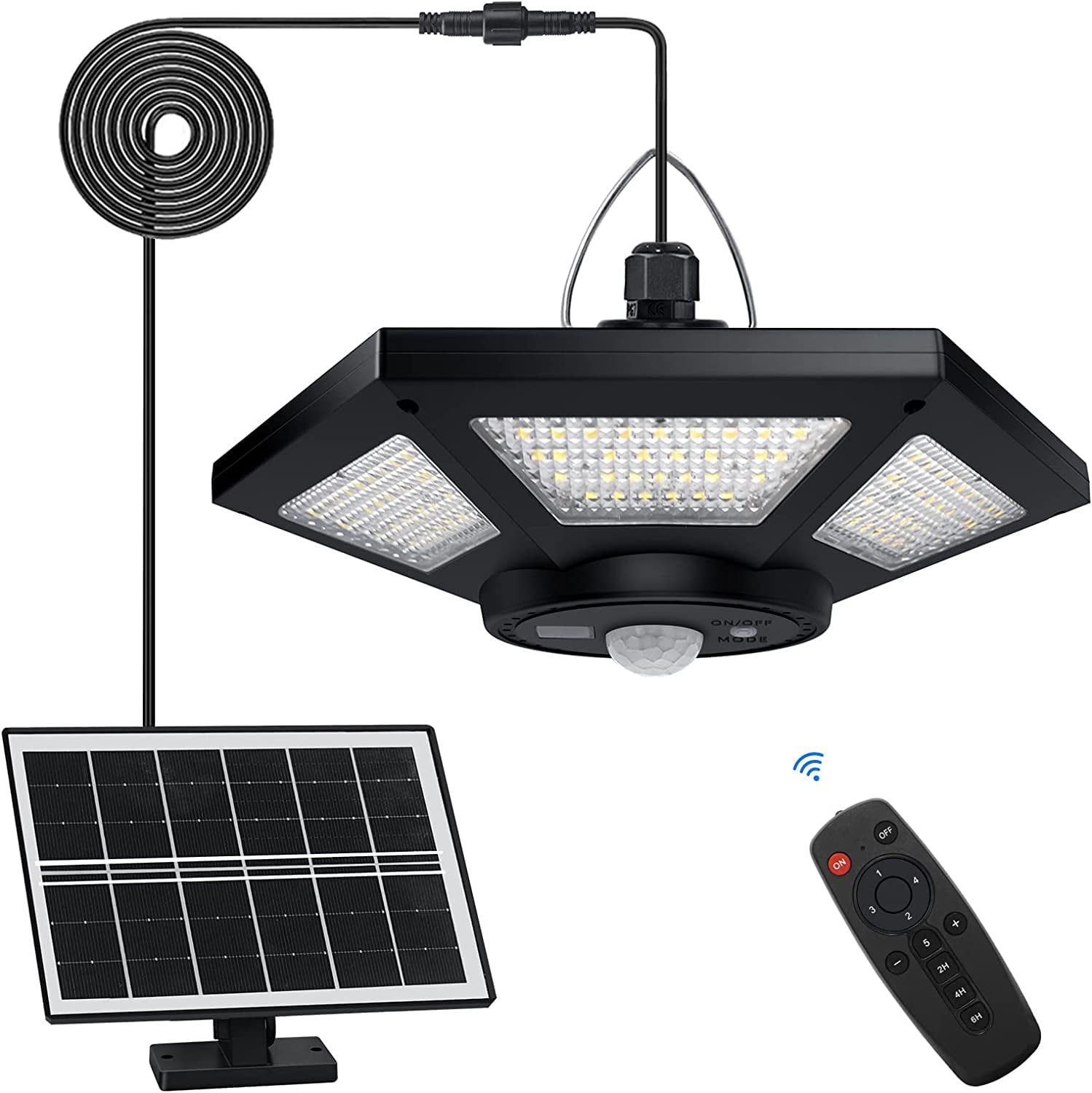 Solar Shed Light Indoor Outdoor Auzev 180LED Dual Head Solar Powered Pandent Daytime Work Lights with 5 Lighting Modes and 3 Timers， Solar Indoor Lights Motion Sensor with Remote 1 Pack