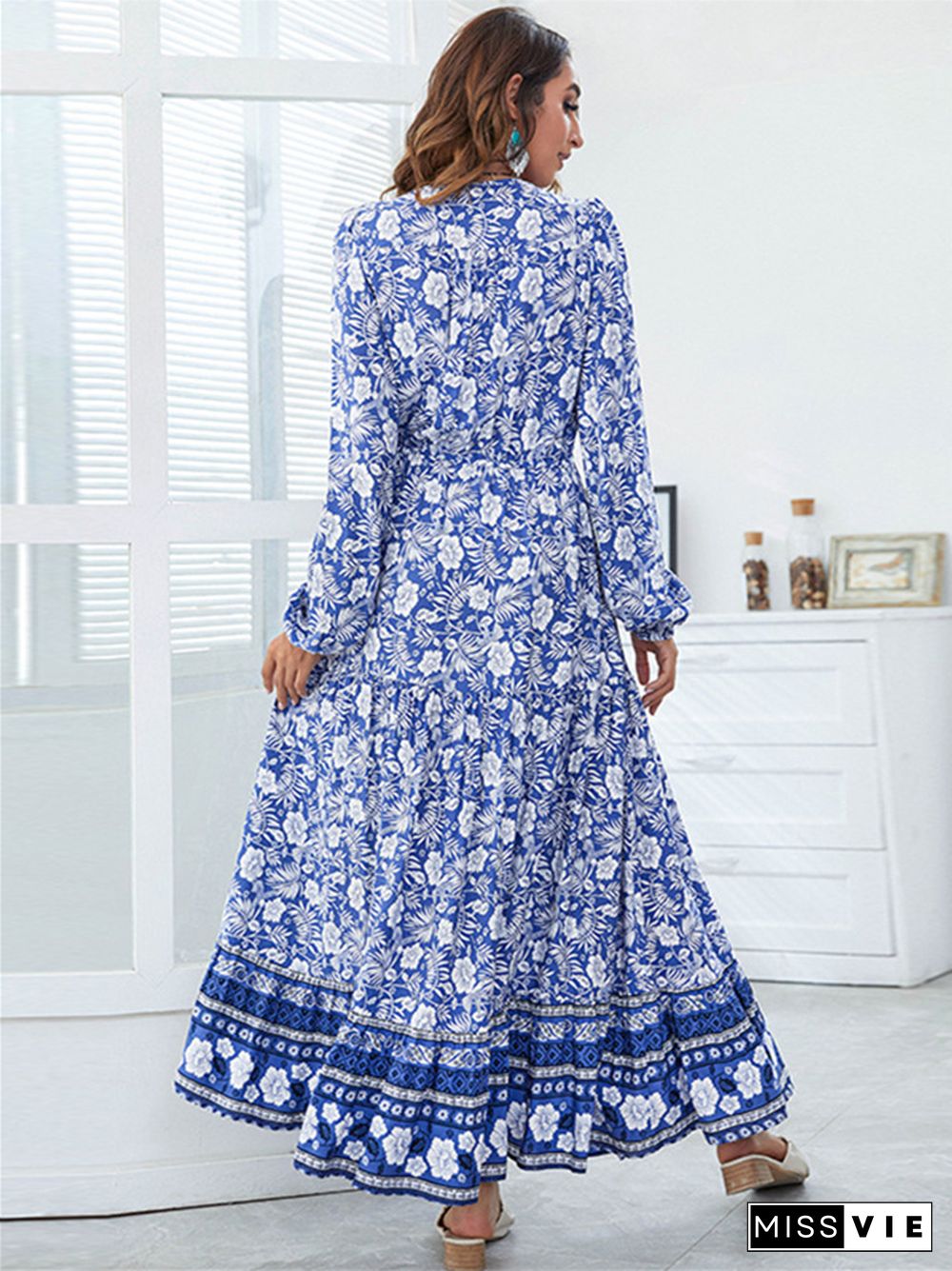 V-neck Fashion Printed High Waist Long Skirt Dress